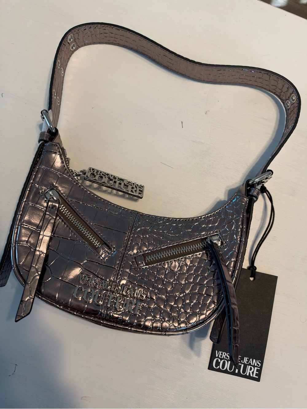 Versace Jeans Collection Metallic Croc-Embossed Shoulder Bag - Pewter